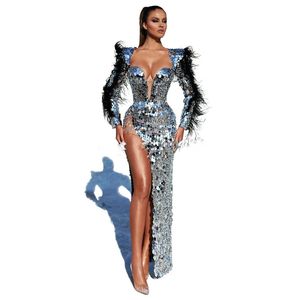 Sparkly Sequins Evening Dress Black Feather Turkish Kaftans High Split Side Mermaid Robe de Soiree Aibye Dresses Woman Party Night Gowns