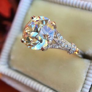 Anéis de casamento femininos de alta qualidade, anel de noivado de prata com pedras preciosas, joias redondas de diamante simulado