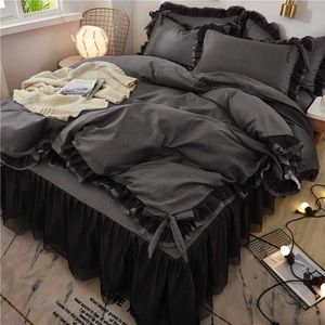 Black lace Bedding Set twin Full Queen King Bedspread princess Duvet Cover set Pillowcase girls lace bed skirt luxury bedclothes 210706