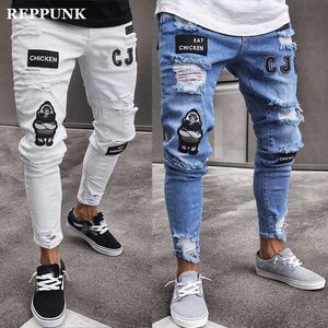2020 novo estilo jeans com buracos crachás bordado moda skinny tendência jeans masculino qualidade algodão streetwear hiphop denim calças x0621