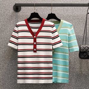 Summer Short Sleeve Korean Sweater Knitted Pullover Women Tops All-Match Basic Stripe Thin Pull Femme Jumper Female 210604