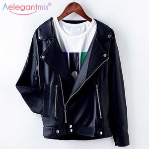 AELEGANTMISファッションルーズPUフェイクレザージャケットの女性クールパンクモトバイカー2つのポケットの女の子ベーシックコートストリートウェア210607