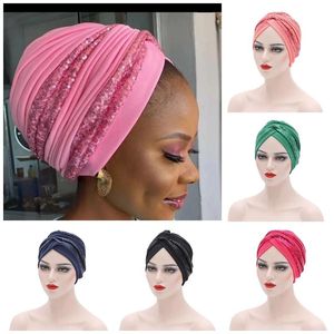 Moda lantejoulas Hijabs Hijabs Headscarf Bonnet Torçada Turbante Tampão Para Senhora Handmade Africano Headtie Soild Color Mulheres Head Wraps