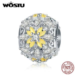 WOSTU Real 925 Sterling Silver Flower Beads Dazzling Zircon Round Charms Ciondolo Fit Bracciale originale Creazione di gioielli CQC1333 Q0531