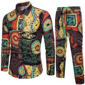 2020 New Mens Vacation Set Tracksuit Long Pant Etnic Style Patchwork Male Suit Festival Wear Slim Fit Floral Print Shirt X0909