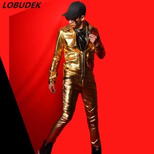 PU Leather Gold male jacket Coat slim pants set Bar nightclub singer DJ DS costumes Punk style Tide Rock Jazz performance outfit X0909