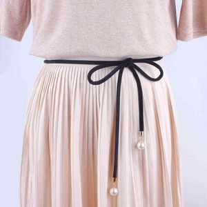 Solidna moda Kobiety Tassel Knot Belt Vintage Pearl Waist Rope Frędzle Waist Tasie Dress Sukienka Kobiet Cienkie Srting Femee Black G220301