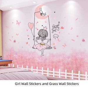 [shijuekongjian] Cartoon Girl Wall Stickers DIY Chaotic Grass Plants Mural Decals for Kids Rooms Baby Bedroom House Decoration 210615