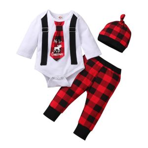 Giyim Setleri Opperia 3 Adet Doğan Suit Toddler Bebek Erkek Kız O-Boyun Uzun Kollu Kravat Bodysuit Kırmızı ve Siyah Ekose Pantolon Şapka