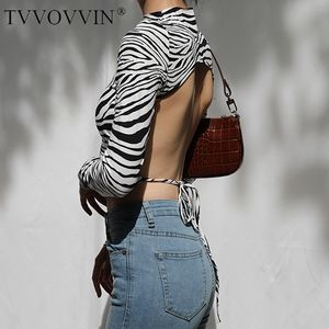 TVVovvin Snakeskin 패턴 섹시한 전체 슬리브베이스 Backless 여성 터틀넥 넥타이 표범 탑 Zebra 인쇄 자른 티셔츠 탑스 N5C 210306
