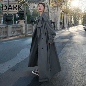 Koreansk stil X-Long Women's Loose Raincoat Dubbel Bottling med Belt Spring Autumn Windbreaker Lady Cloak Grey Coat Y2K 211021
