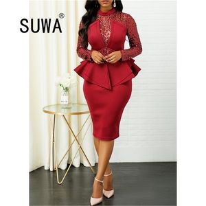Recommend Style Office Lady Elegant Work Wear Ruffles Patchwork Knee Length Dresses For Women Long Sleeve Party Wedding Gown 210525