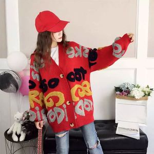 Women Cardigan Letter Mönster Stickad tröja Korean Street Style Loose Lady Jacket Spring and Autumn