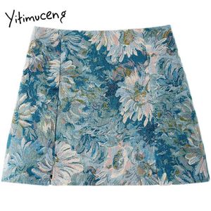 Yitimuceng花柄プリントスカート女性ヴィンテージジッパーハイウエストAラインミニソリッド服夏韓国のファッションスカート210601