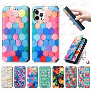 colorful painted pu leather wallet phone cases magnetic credit card slot flip book For Iphone 13 Mini Pro MAX 12 11 XR XS X 8 7 6 multifunction practical storage function