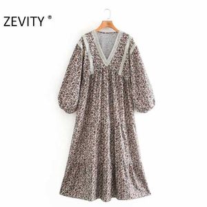 Zevity女性ヴィンテージVネックレースパッチワークフラワープリントカジュアルルーズドレス女性ランタンスリーブシックコートレトロvestido DS4608 210603