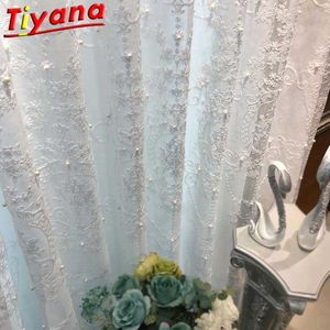 White Curtain Contain Pearls Elegant Nordic Geometric Embroidery Beads Tulle for Living Room Finished Window Drapes X-HM005D#WS 210712