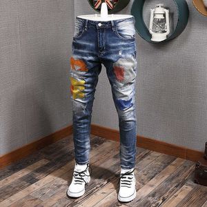 Estilo coreano moda homens jeans de alta qualidade elástica magro apto rasgado denim pencil pants bordado bordado hip hop calças longas