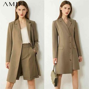 Minimalism Autumn Women's Suit Dress Solid Lapel Belt Knee-length Fashion Double Breasted Coat 12030296 210527