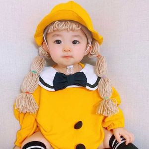 Gelenler Bebek Çocuk Kız Güneş Blok Kova Şapka İlkbahar Yaz Çocuk Kız Uzun Saç Pigtail Örgü Peruk Şapka Kap Sarı 210713