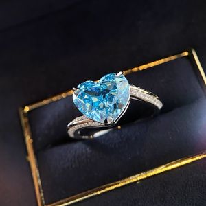 Coração lapidado Lab Aquamarine cz Anel 925 prata esterlina Aliança de noivado Anéis de noivado para mulheres, homens, joias de festa