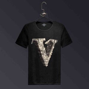 2021 Brev Rhinestones T Shirts Män Varumärke Kortärmad Mode Man Streetwear O Neck Slim Modal Bomull Tshirts Plus Size 6xl G1229