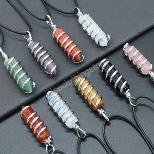 Natural Cristal Stone Agate Espiral Fio Hexagon Pingente Colar 7 Chakra Ametista Rosa Colares de Quartz Mulheres Jóias