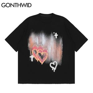T-Shirts Streetwear Graffiti Heart Print Tie Dye Tshirts Hip Hop Fashion Casual Loose Harajuku Short Sleeve Tees Tops 210602