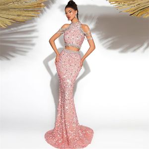 2 sztuk Glitter Mermaid bal sukienki różowe cekiny bez rękawów suknia wieczorowa Custom Made Crystals High Neck Celebrity Party Suknia