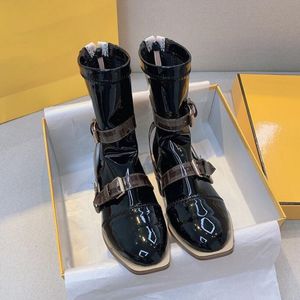 Autumn winter boots Ladies' middrop martins fashion leisure patent leather square-toed ankle bootss with flat heels Black High-end quality