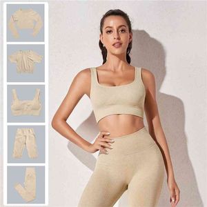 2/3/5 Pcs Seamless Women Yoga Set Workout Sportwear Gym Clothing Fitness Long Sleeve Crop Top High Waist Legging Sport Bra Suits 210802