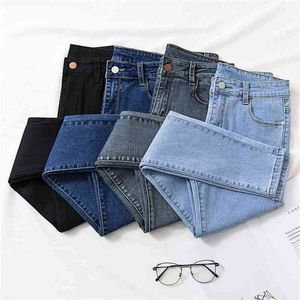 Solid Skinny Jeans Mulher Chique Show Slim Hole Denim Lápis Calças Cintura Elástica Jean Feminino Estilo Coreano 210809