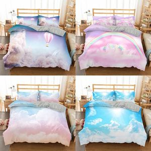 Set di biancheria da letto Copripiumino cielo blu Set consolatore di lusso 2/3 pezzi Bella trapunta Biancheria da letto con nuvole in mongolfiera rosa