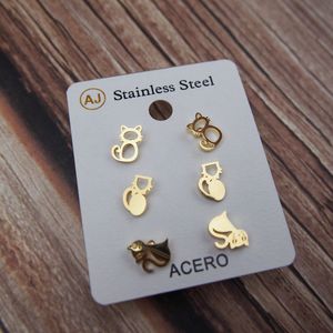 New Ear Studs Earrings Set Cat Kitten Hollow Out Steel Mini Gold Metal Charming Retro Trendy Cute Sweet Vogue Gift Girl Party Pairs Young Pretty Lovely School T2010