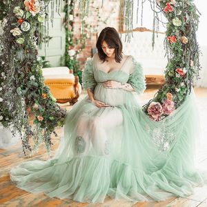 2022 Sage A Line Prom Dresses for Photoshoot Pregnant Women Ruffle Maternity Gowns Custom Made Sheer Lace Up Robes