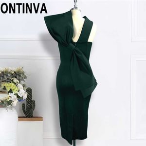 Kvinnors Backless Butterfly Bowtie Mörkgrön Sexig Party Night Club Dress Midi Längd Bodycon Snygga Klänningar Plus Storlek 210527