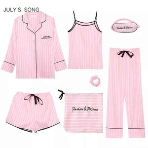 Juli sång 7 stycken Faux Silk Striped Pajama Kvinnors Pajamas Sleepwear sätter vår sommar hem