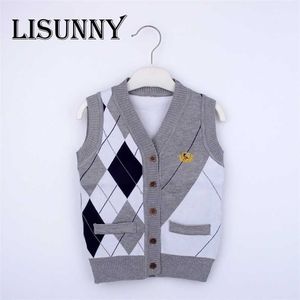 Autumn Spring Kids Boy Sweater Vest Children Clothing Plaid Stitching Coat Baby Cotton thick top Boys Cardigan 211201