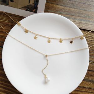 Elegancka Kobieta Pearl Star Tassel Wisiorek Naszyjnik Moda Dwuwarstwowa Gold Chain Choker Charming Damska Biżuteria