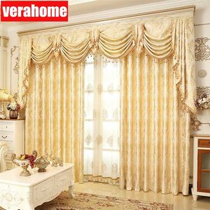 Europäischer luxuriöser Verdunkelungsvorhang für Fenster in Gold für Wohnzimmer, Schlafzimmer, Blumen-Tüll-Volant 211203