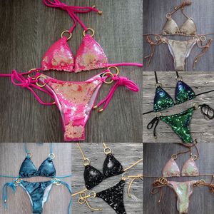 Seksi Parlak Sequins Yüzük Bikini Kadın Bandaj Mayo Kadın Mayo İki Adet Bikini Set Brezilyalı Mayo Yüzmek Lady L0223