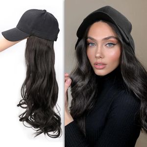 Perucas sintéticas Cap de beisebol longa Wig Natural Black Wave naturalmente conecta o chapéu ajustável para a festa de menina