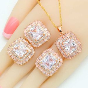 White Blue Green 5 Colors Gold Plated Jewelry Sets For Women Necklace Pendant Stud Earrings Rings Gift Box H1022