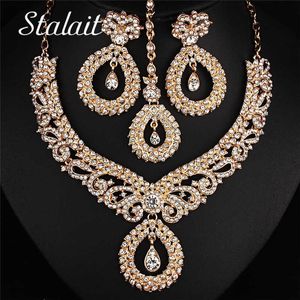 3 PCS Vintage Wedding Flower Pattern Water Drop Shape Rhinestone Necklace Earrings Accessories Silver Color Spring Chain Jewelry H1022