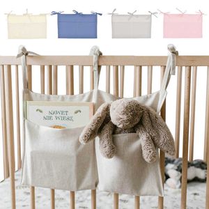 Baby spjälsäng arrangör säng hängande förvaring väska sängkläder tillbehör dekorativa linne blöja dubbla fickor