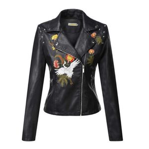 Höstblommor Broderi PU Läderjacka Kvinnor Tyngdkrage Rivet Zipper Black Biker Coats Toppar Kläder Ropa de Mujer 211011