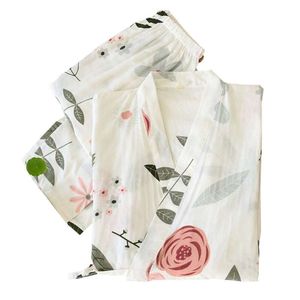 Róża Drukowane Ladies Kimono Styl Piżama Zestaw Loose Cienko V-Neck Three-Quarter Rękawy Gaza Bawełna 2 Sztuk Sleepwear Loose Homewear 210928