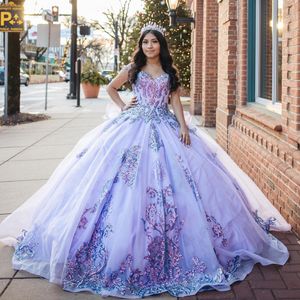 Lavendel Paillettenspitzenkugelkleid Quinceanera Kleider von der Schulterhals applizierte Promkleider Few Zug Tüll süße 15 Kleid 407