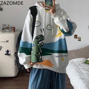 ZAZOMDE Men Cartoon Dinosaur Printed Hoodies Long Sleeve Fleece Sweatshirts Mens Winter Hip Pop Hooded oversized Pullovers Men 201113