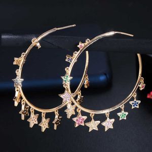 Chic 585 Gold Color Rainbow CZ Cubic Zirconia Dangling Colourful Star Charm Big Circle Hoop Earrings for Women CZ739 210714